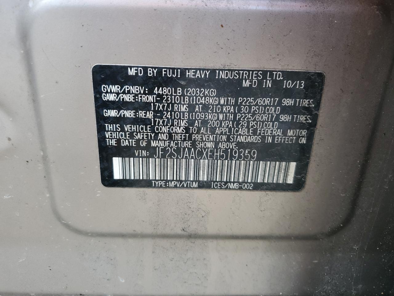 2014 Subaru Forester VIN JF2SJAACXEH519359 Copart auction photo, front end / rear end damage thumbnail 12