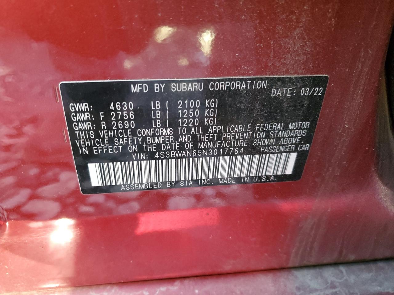 2022 Subaru Legacy VIN 4S3BWAN65N3017764 Copart auction photo, front end damage thumbnail 13