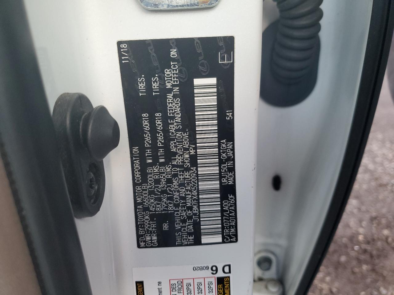 2019 Lexus GX VIN JTJBM7FX4K5220934 Copart auction photo, front end / side damage thumbnail 12