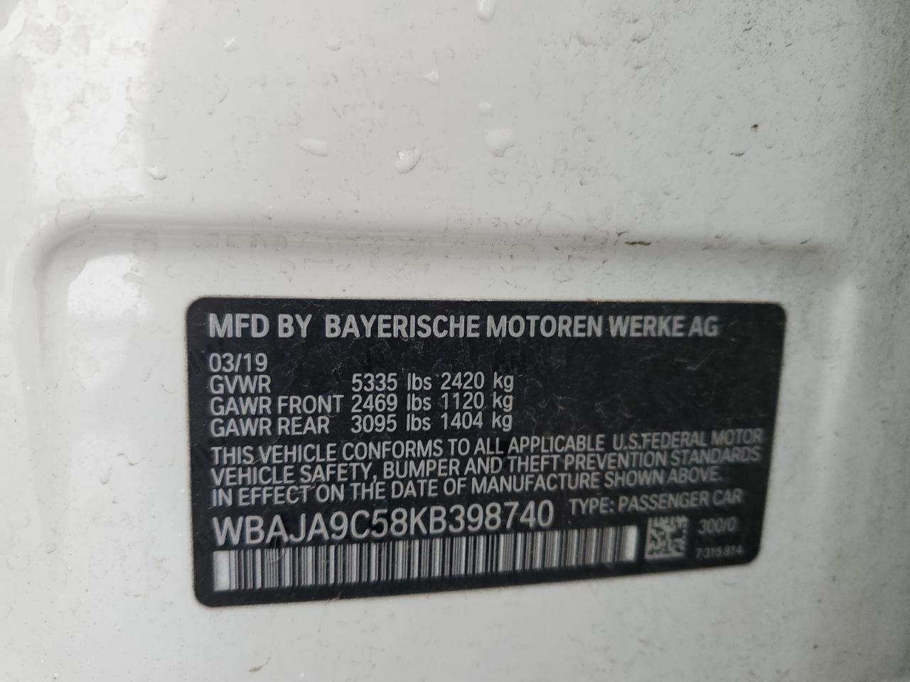 2019 BMW 5er VIN WBAJA9C58KB398740 Copart auction photo, front end damage thumbnail 14