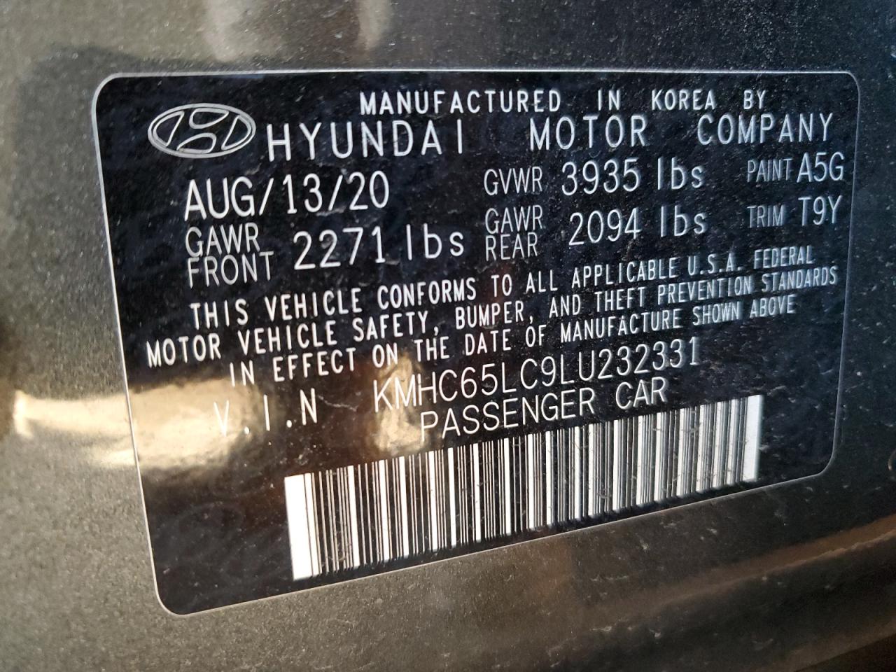 2020 Hyundai IONIQ VIN KMHC65LC9LU232331 Copart auction photo, all over damage thumbnail 13