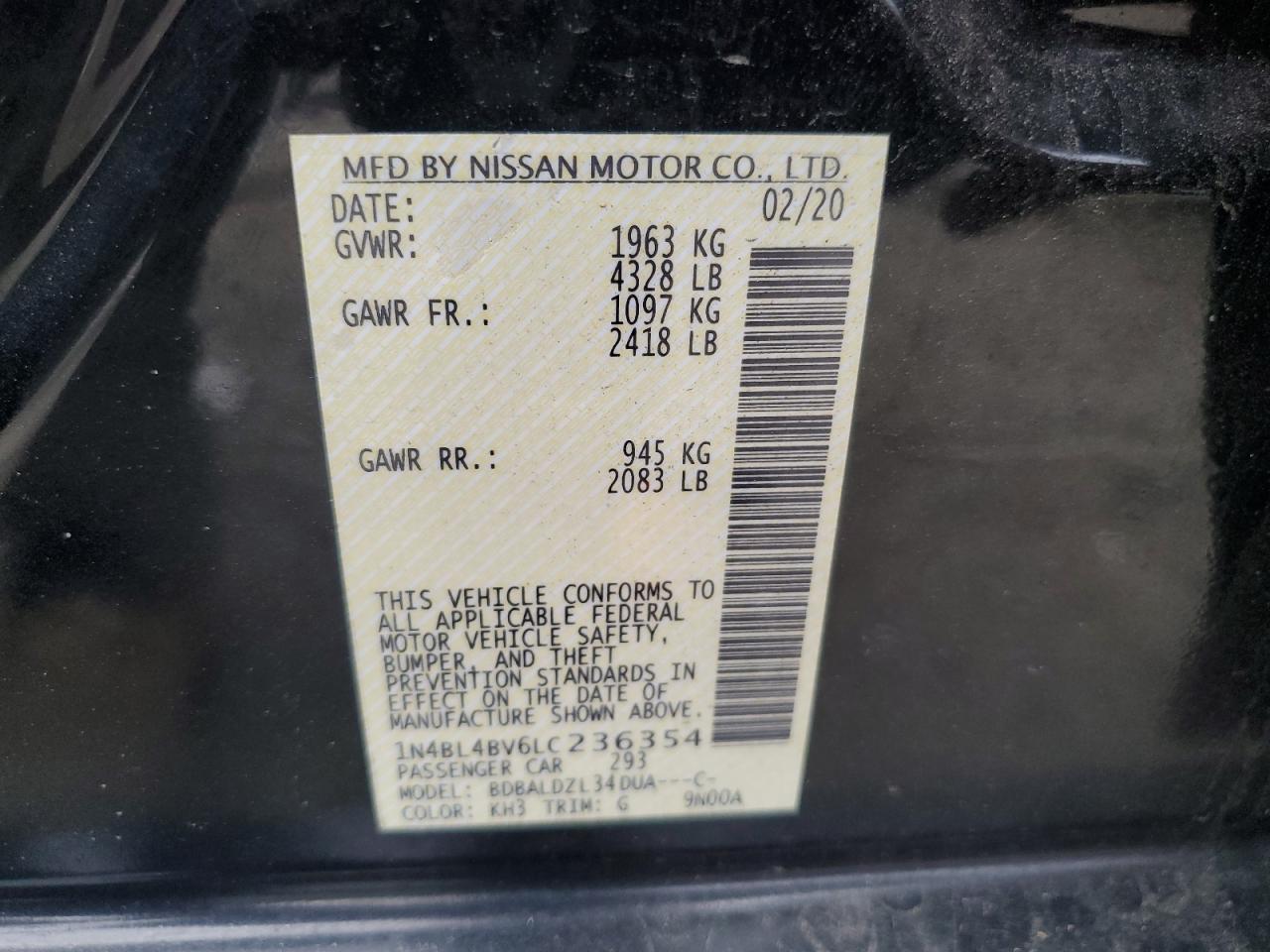 2020 Nissan Altima VIN 1N4BL4BV6LC236354 Copart auction photo, front end damage thumbnail 13