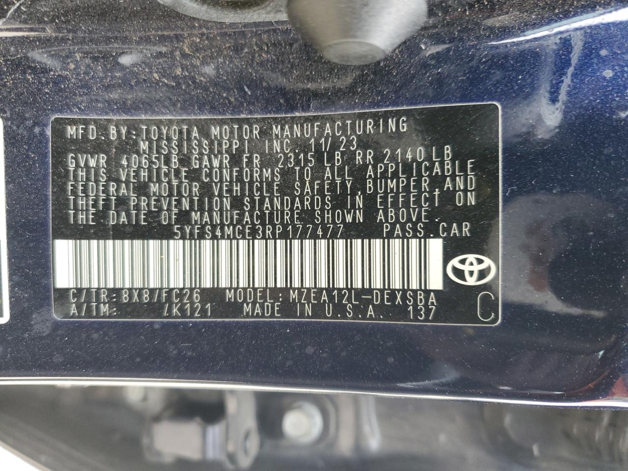 2024 Toyota Corolla VIN 5YFS4MCE3RP177477 Copart auction photo, side / undercarriage damage thumbnail 14