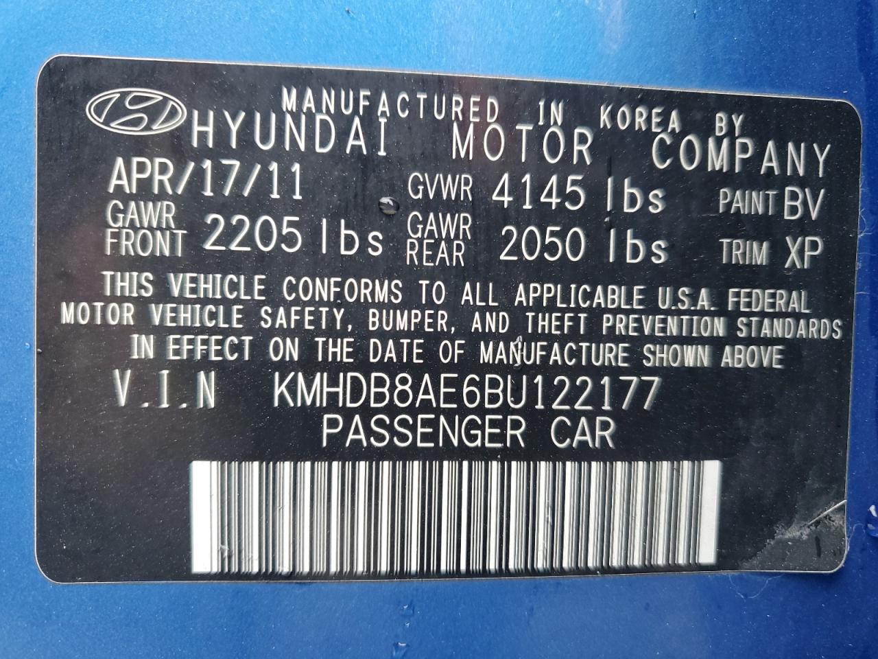 2011 Hyundai Elantra VIN KMHDB8AE6BU122177 Copart auction photo, side damage thumbnail 14