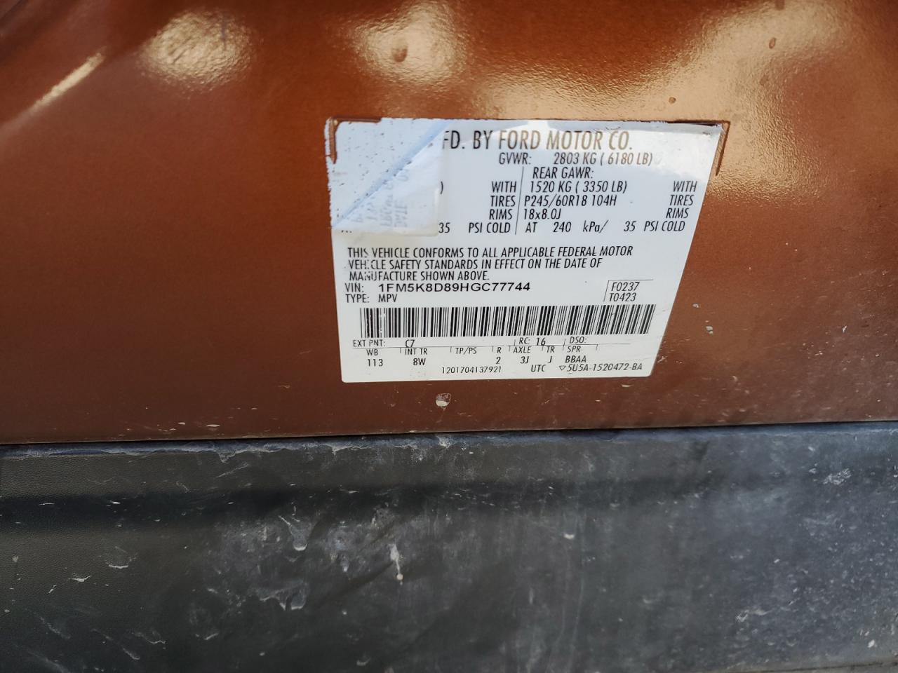 2017 Ford Explorer VIN 1FM5K8D89HGC77744 Copart auction photo, front end damage thumbnail 13
