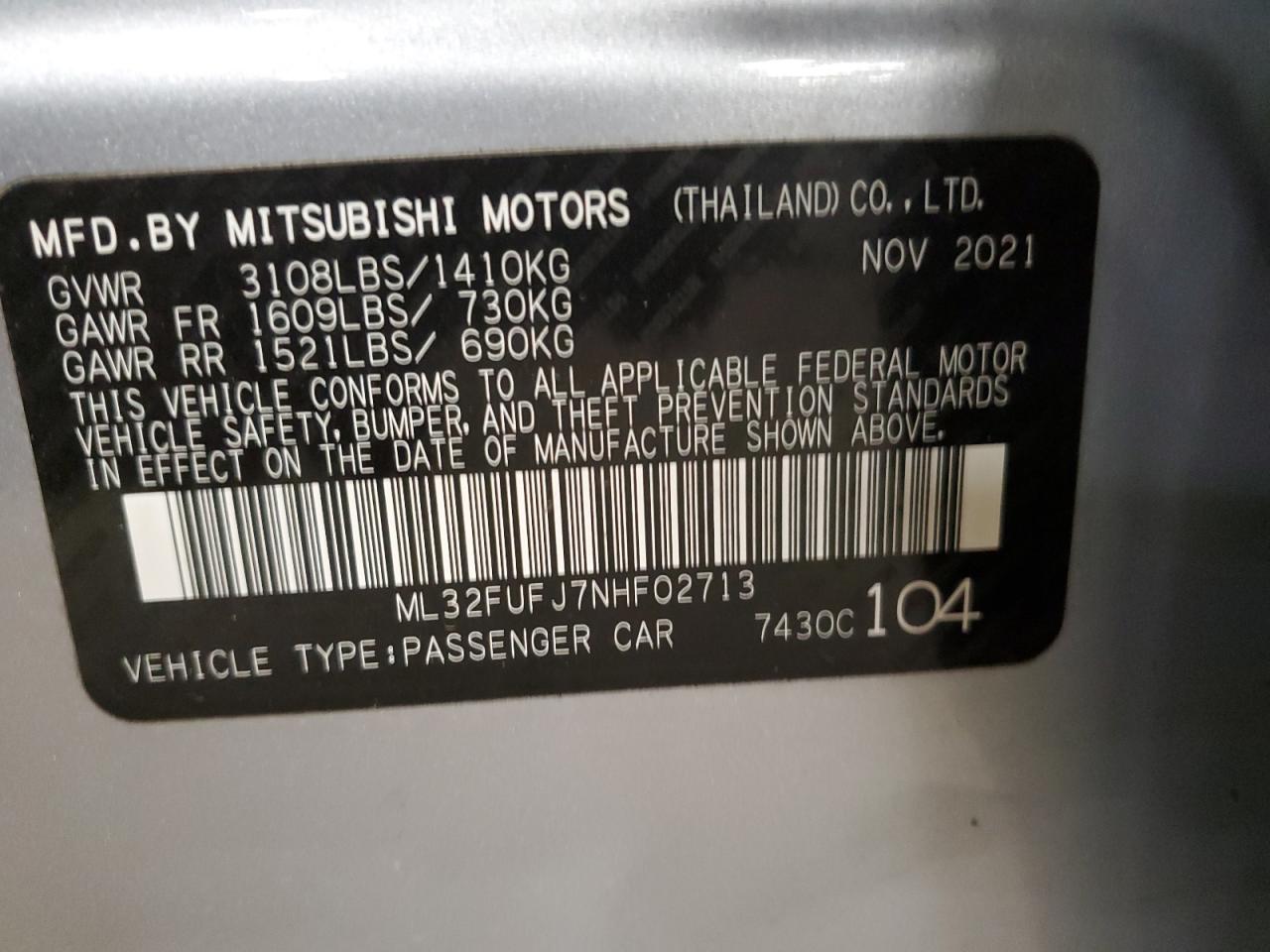 2022 Mitsubishi Mirage VIN ML32FUFJ7NHF02713 Copart auction photo, side damage thumbnail 12