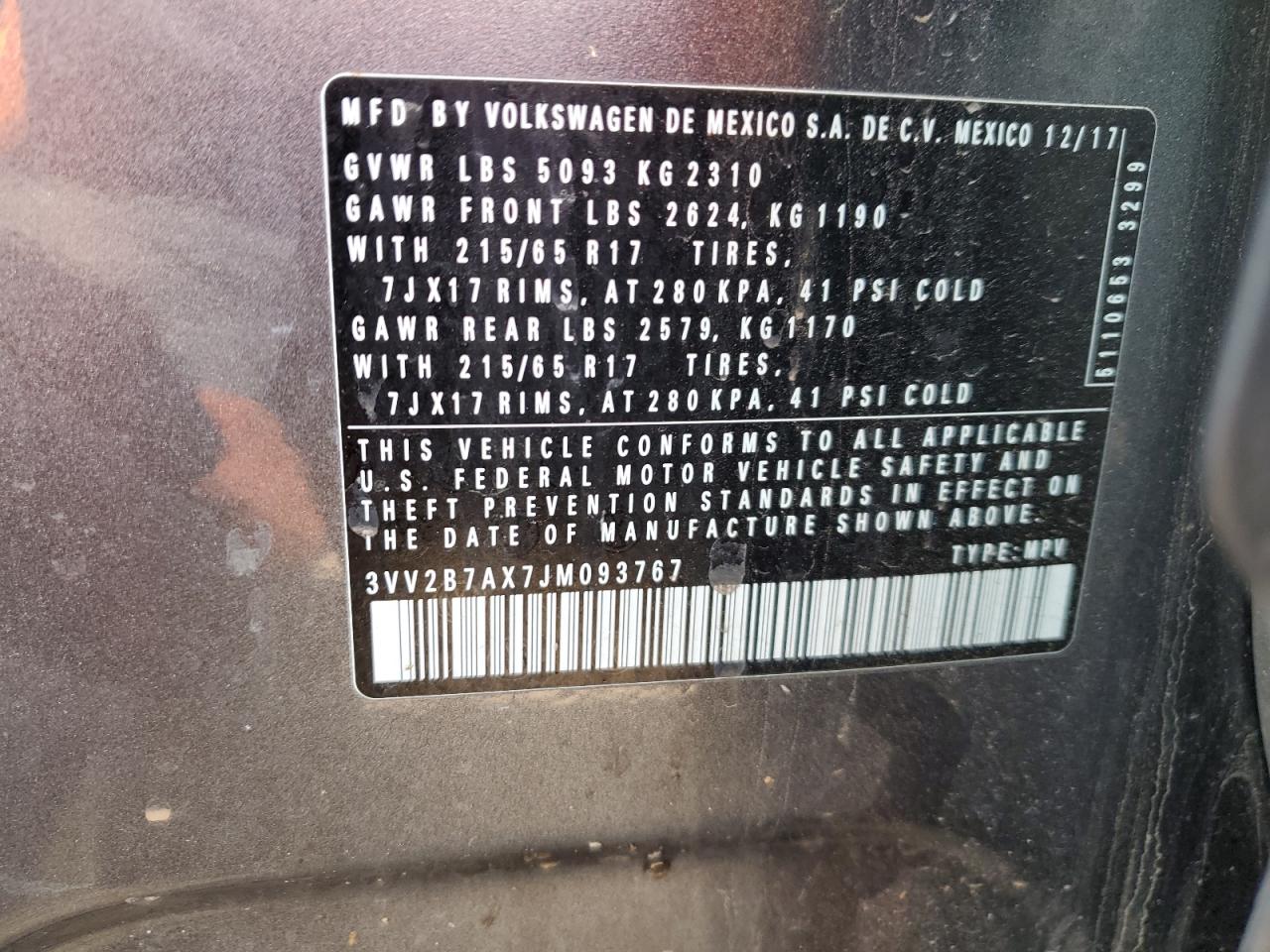 2018 Volkswagen Tiguan VIN 3VV2B7AX7JM093767 Copart auction photo, stripped damage thumbnail 14
