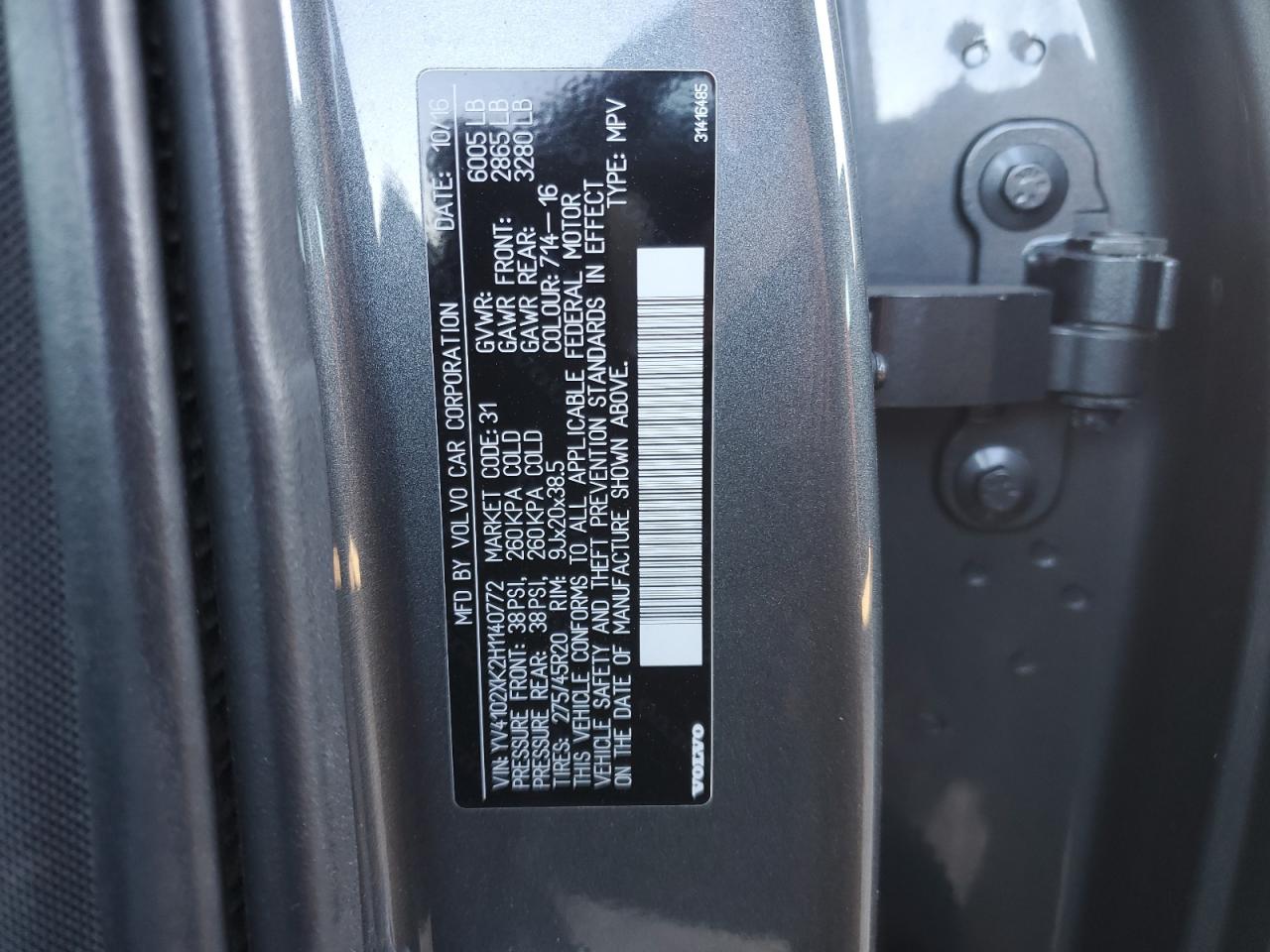 2017 Volvo XC90 VIN YV4102XK2H1140772 Copart auction photo, front end damage thumbnail 14