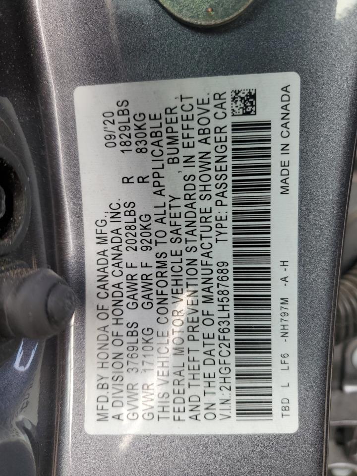 2020 Honda Civic VIN 2HGFC2F63LH587689 Copart auction photo, rear end damage thumbnail 14