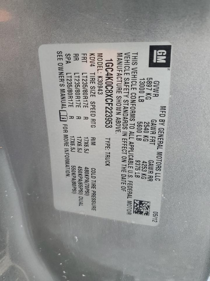 2012 Chevrolet Silverado VIN 1GC4K0C8XCF223953 Copart auction photo, side / front end damage thumbnail 16