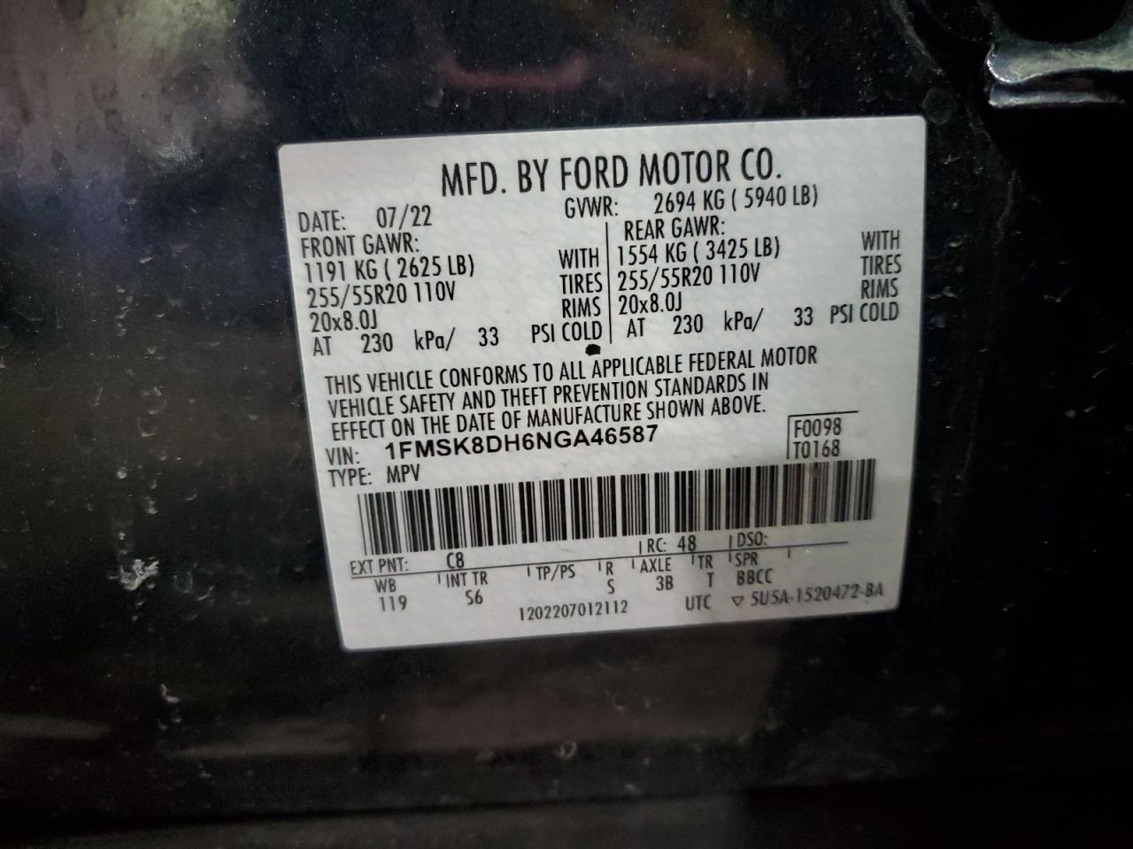 2022 Ford Explorer VIN 1FMSK8DH6NGA46587 Copart auction photo, all over damage thumbnail 14