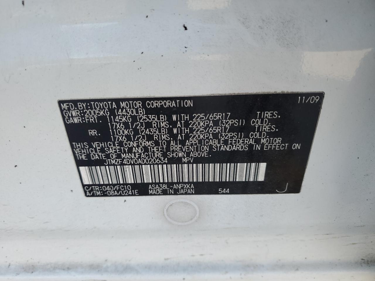 2010 Toyota RAV 4 VIN JTMZF4DV0AD020634 Copart auction photo, front end damage thumbnail 13