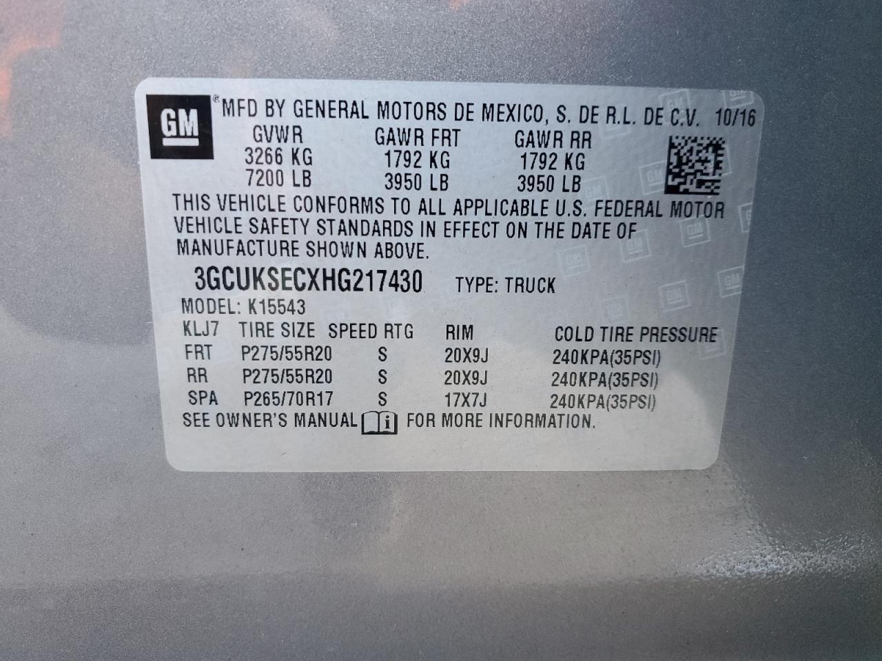 2017 Chevrolet Silverado VIN 3GCUKSECXHG217430 Copart auction photo, all over damage thumbnail 14