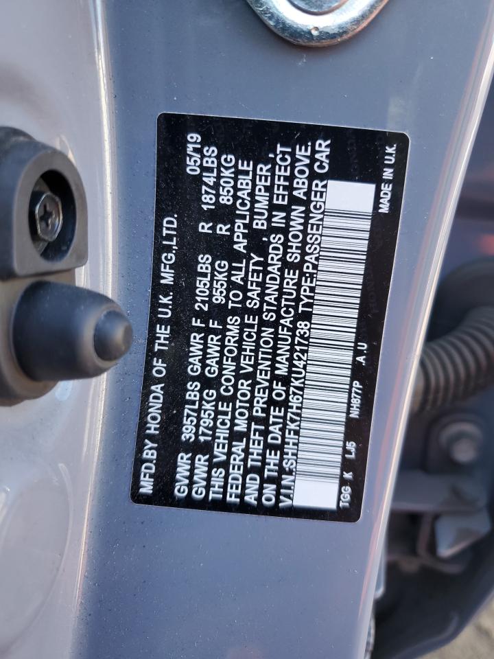 2019 Honda Civic VIN SHHFK7H67KU421738 Copart auction photo, front end damage thumbnail 12