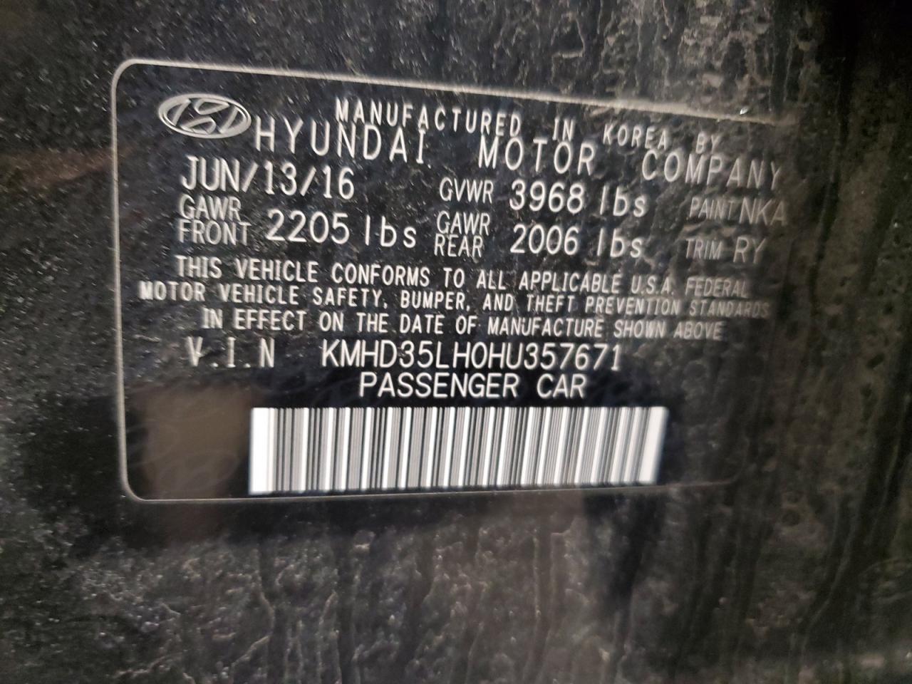 2017 Hyundai Elantra VIN KMHD35LH0HU357671 Copart auction photo, front end damage thumbnail 12
