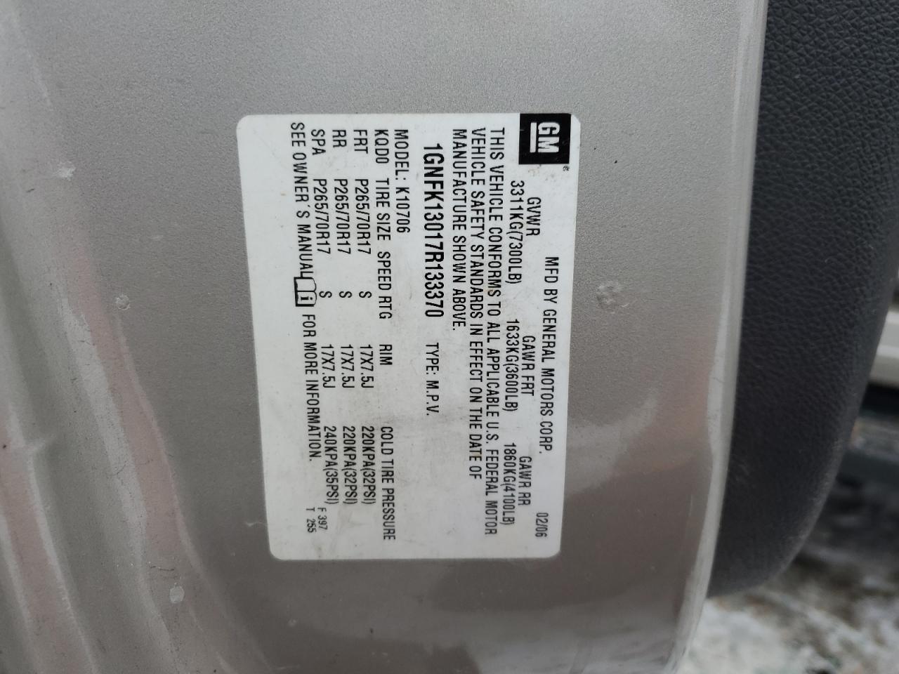 2007 Chevrolet Tahoe VIN 1GNFK13017R133370 Copart auction photo, all over damage thumbnail 13