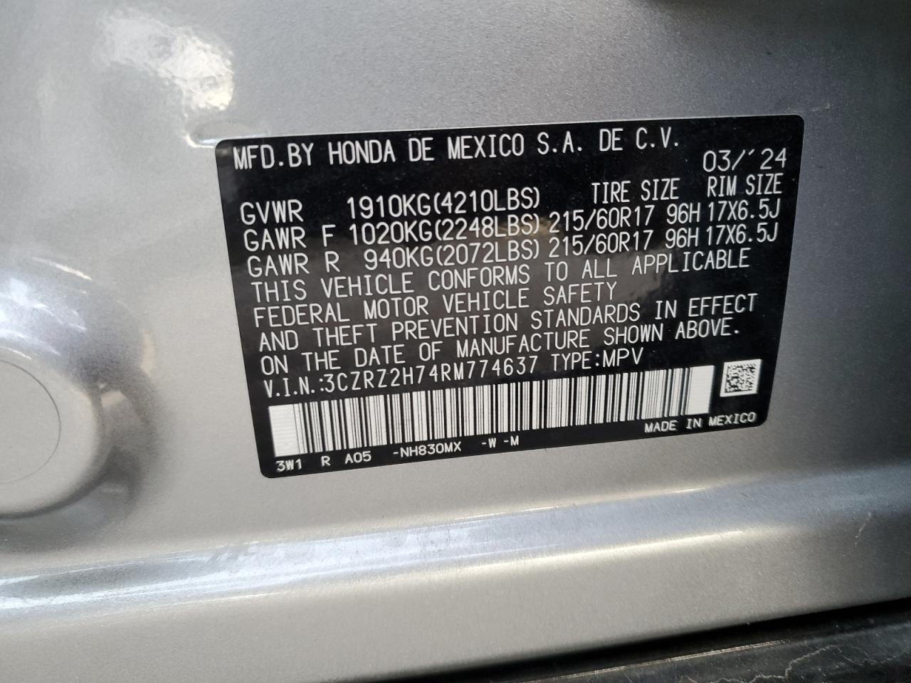 2024 Honda HR-V VIN 3CZRZ2H74RM774637 Copart auction photo, rear end / undercarriage damage thumbnail 15