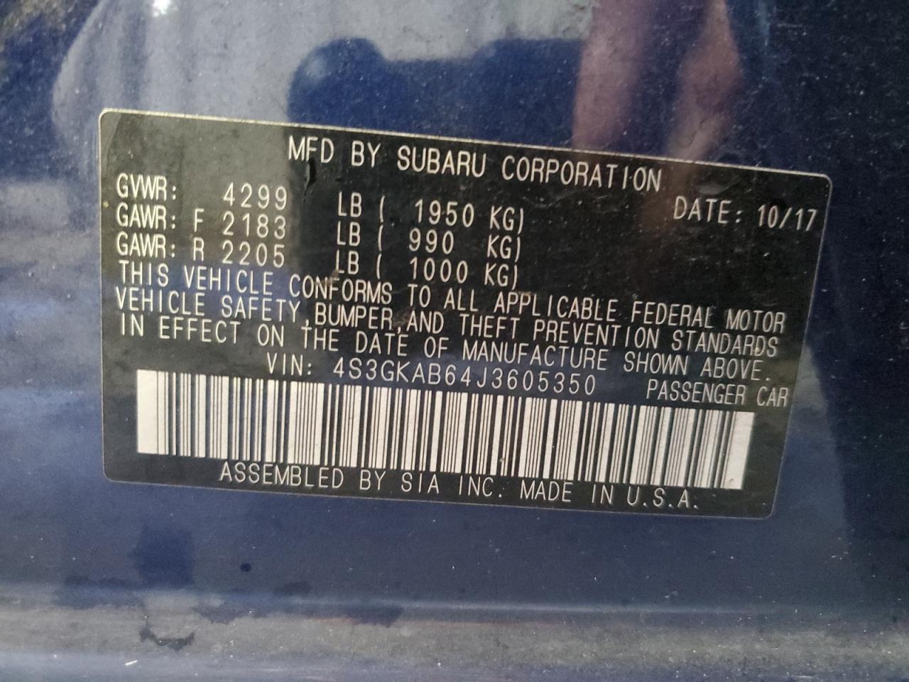 2018 Subaru Impreza VIN 4S3GKAB64J3605350 Copart auction photo, front end / side damage thumbnail 12