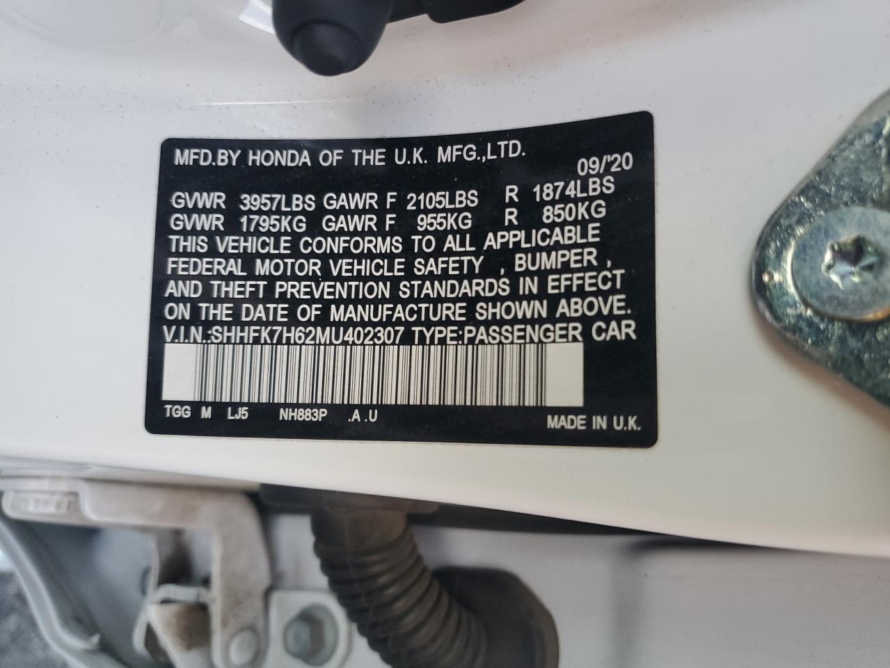 2021 Honda Civic VIN SHHFK7H62MU402307 Copart auction photo, rear end damage thumbnail 12