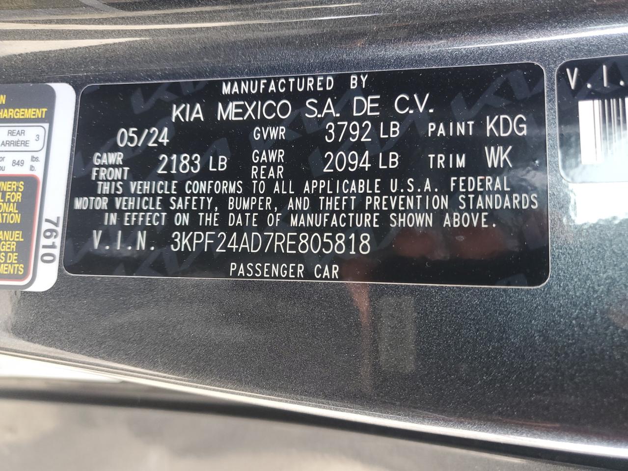 2024 KIA Forte VIN 3KPF24AD7RE805818 Copart auction photo, front end / minor dent/scratches damage thumbnail 14