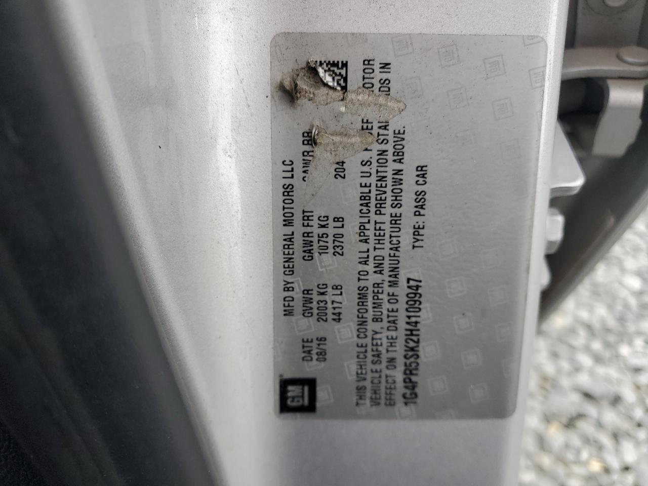 2017 Buick Verano VIN 1G4PR5SK2H4109947 Copart auction photo, front end / side damage thumbnail 13