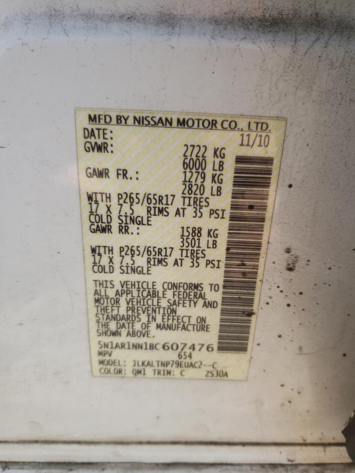 2011 Nissan Pathfinder VIN 5N1AR1NN1BC607476 Copart auction photo, front end damage thumbnail 13