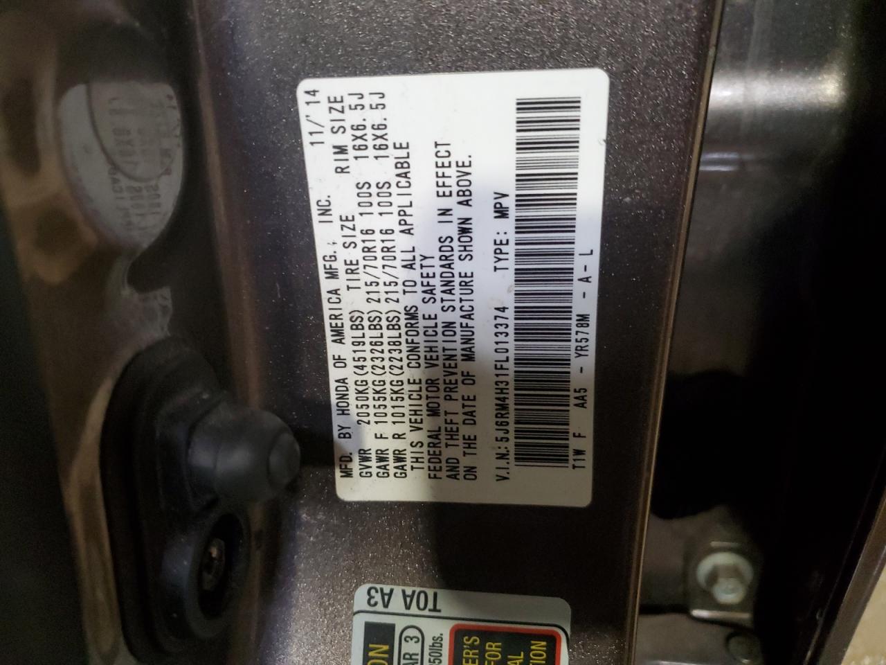 2015 Honda CR-V VIN 5J6RM4H31FL013374 Copart auction photo, side / front end damage thumbnail 13