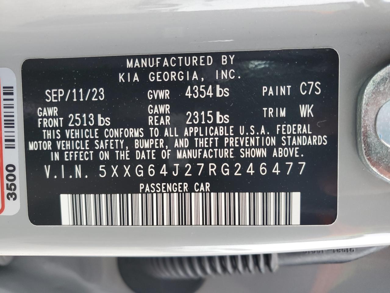 2024 KIA K5 VIN 5XXG64J27RG246477 Copart auction photo, rear end / minor dent/scratches damage thumbnail 12
