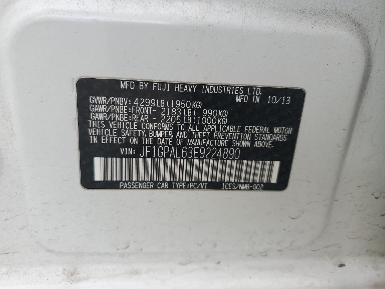2014 Subaru Impreza VIN JF1GPAL63E9224890 Copart auction photo, front end / side damage thumbnail 15