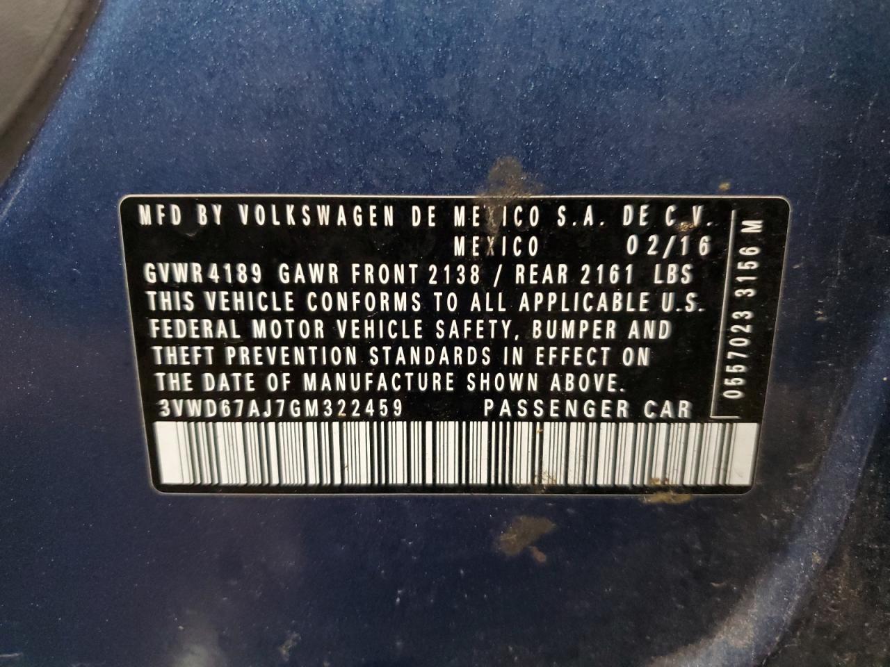 2016 Volkswagen Jetta VIN 3VWD67AJ7GM322459 Copart auction photo, front end damage thumbnail 13