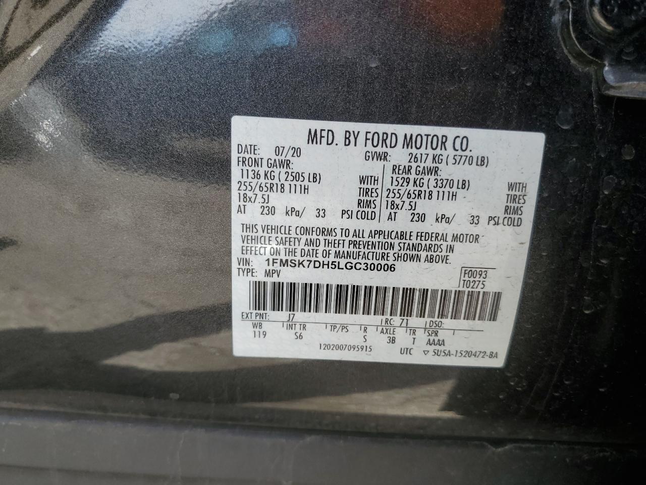 2020 Ford Explorer VIN 1FMSK7DH5LGC30006 Copart auction photo, rear end / minor dent/scratches damage thumbnail 14