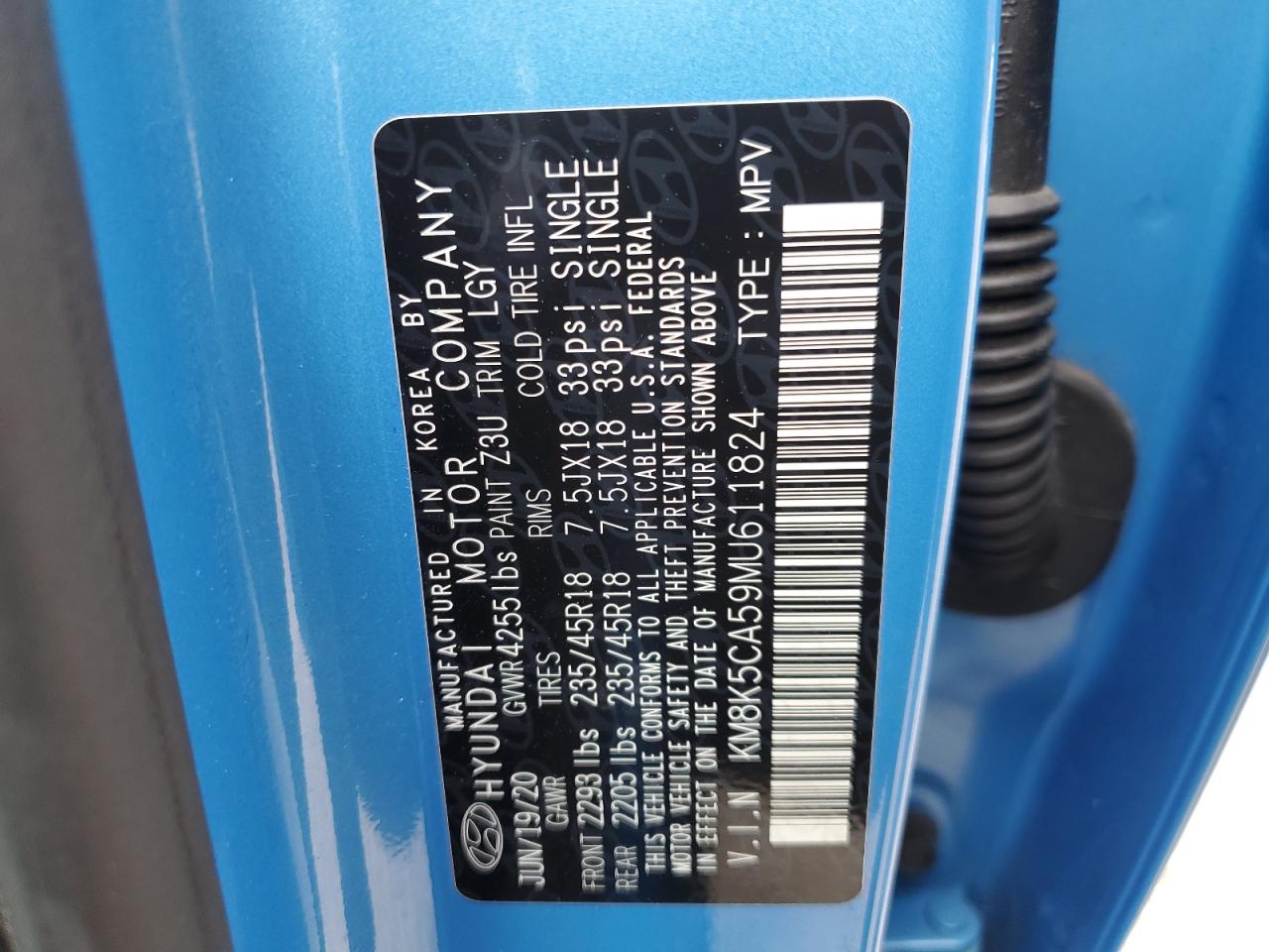 2021 Hyundai Kona VIN KM8K5CA59MU611824 Copart auction photo, front end / side damage thumbnail 13