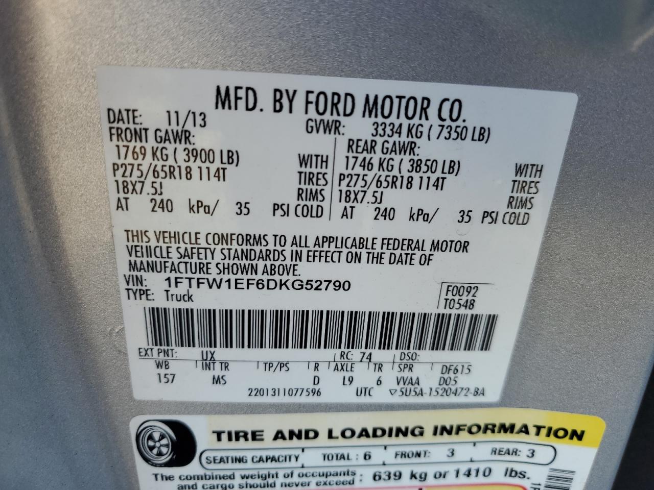 2013 Ford F-150 VIN 1FTFW1EF6DKG52790 Copart auction photo, rear end damage thumbnail 12