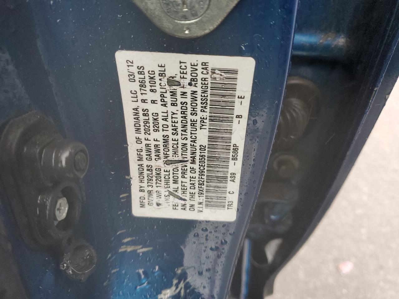 2012 Honda Civic VIN 19XFB2F99CE056102 Copart auction photo, front end damage thumbnail 14