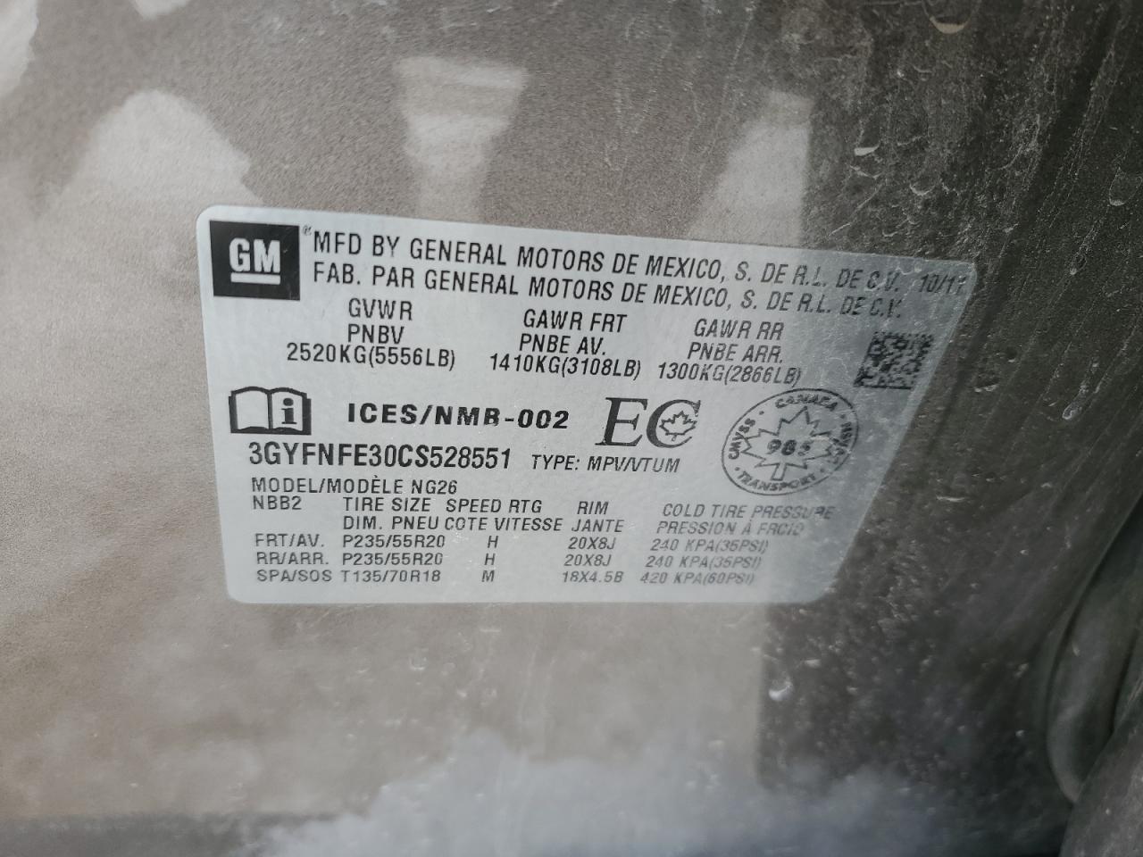 2012 Cadillac SRX VIN 3GYFNFE30CS528551 Copart auction photo, front end damage thumbnail 15
