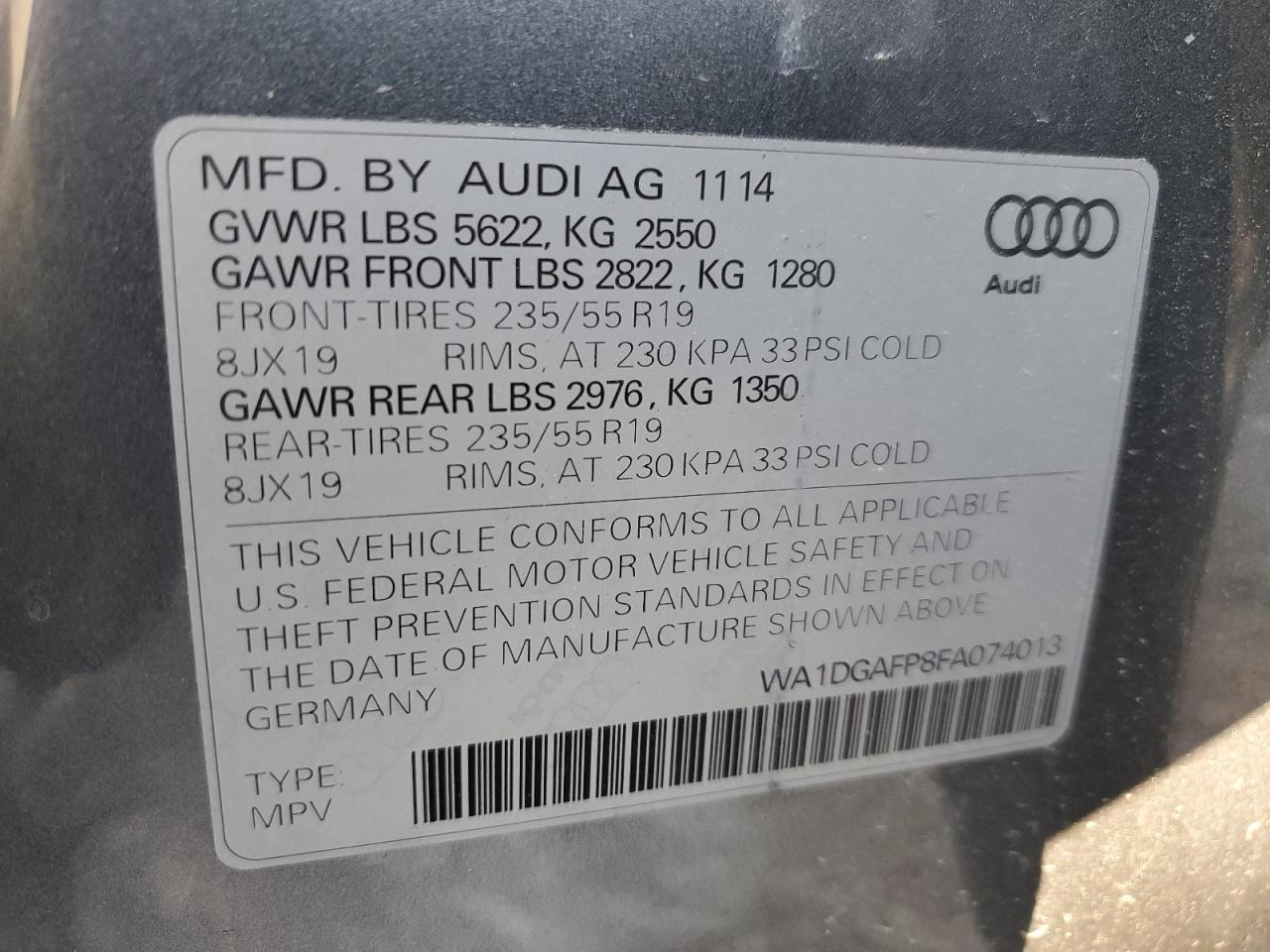 2015 Audi Q5 VIN WA1DGAFP8FA074013 Copart auction photo, rollover damage thumbnail 14