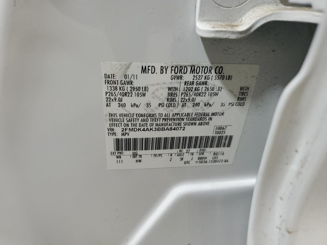 2011 Ford Edge VIN 2FMDK4AK3BBA84072 Copart auction photo, front end damage thumbnail 15