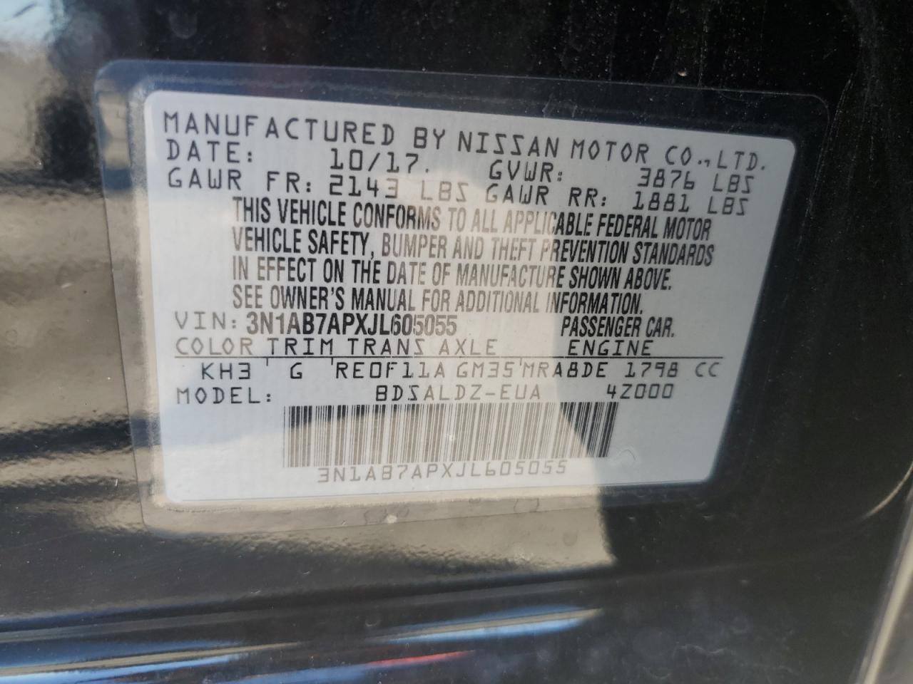 2018 Nissan Sentra VIN 3N1AB7APXJL605055 Copart auction photo, front end damage thumbnail 14