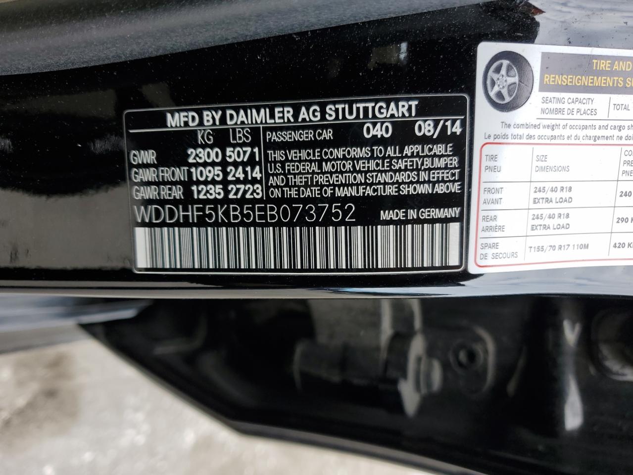 2014 Mercedes-Benz E-klasse VIN WDDHF5KB5EB073752 Copart auction photo, side damage thumbnail 12