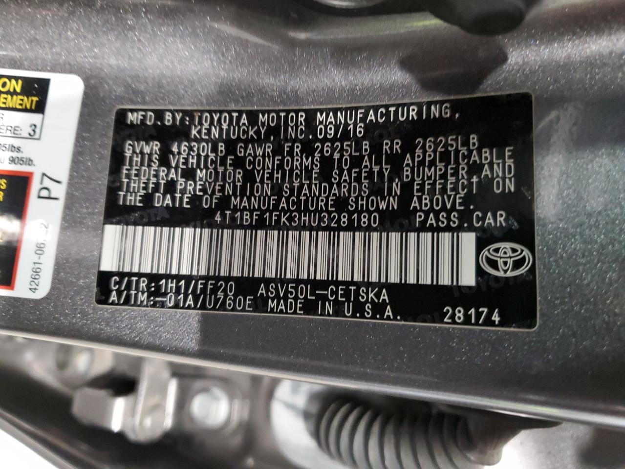 2017 Toyota Camry VIN 4T1BF1FK3HU328180 Copart auction photo, rear end damage thumbnail 12