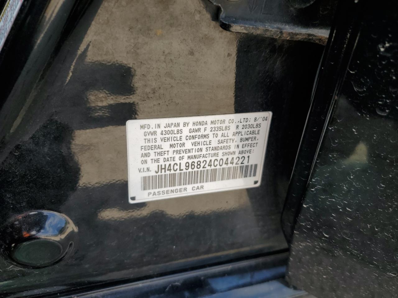 2004 Acura TSX VIN JH4CL96824C044221 Copart auction photo, rear end damage thumbnail 14