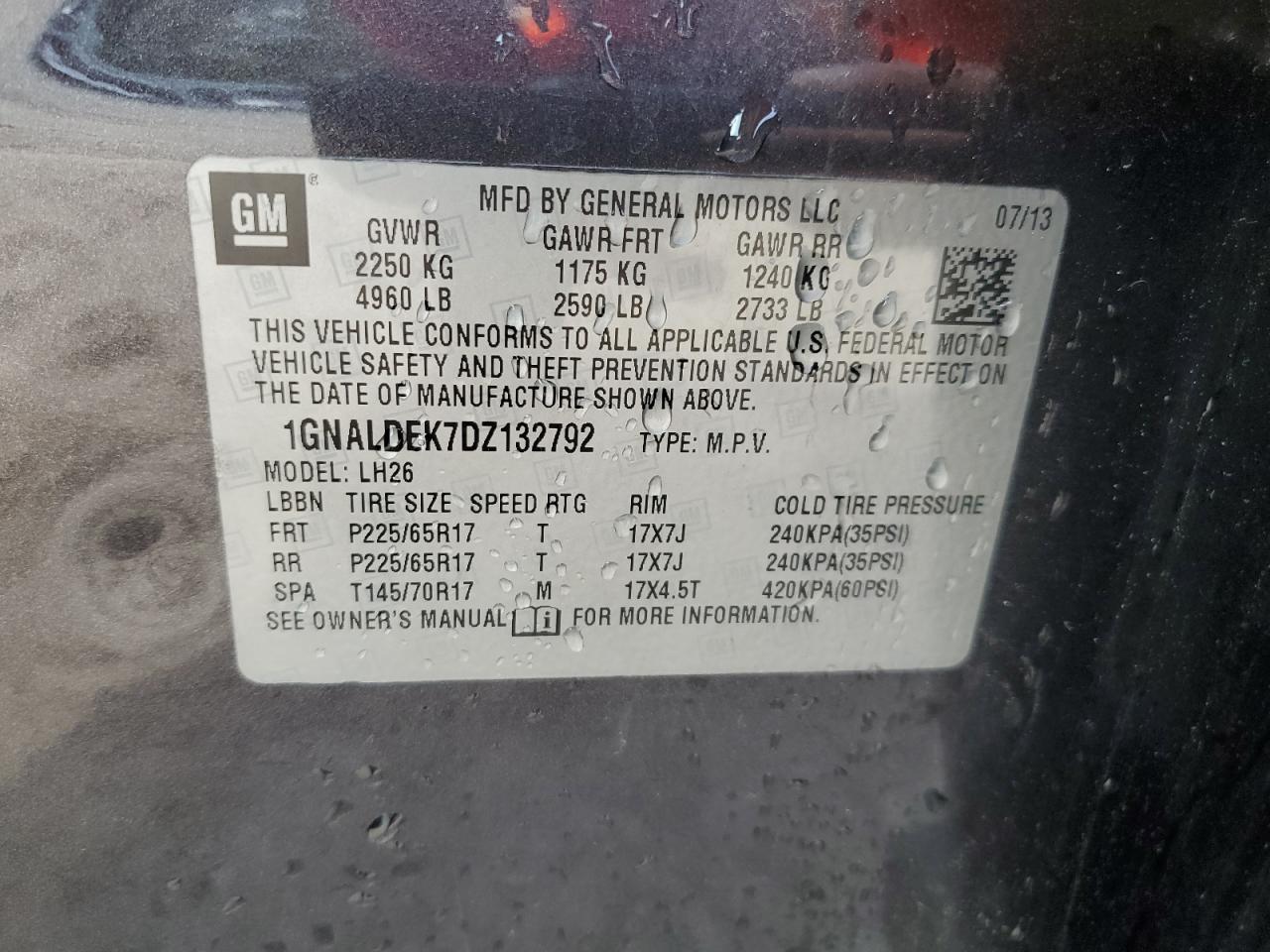 2013 Chevrolet Equinox VIN 1GNALDEK7DZ132792 Copart auction photo, hail / minor dent/scratches damage thumbnail 13