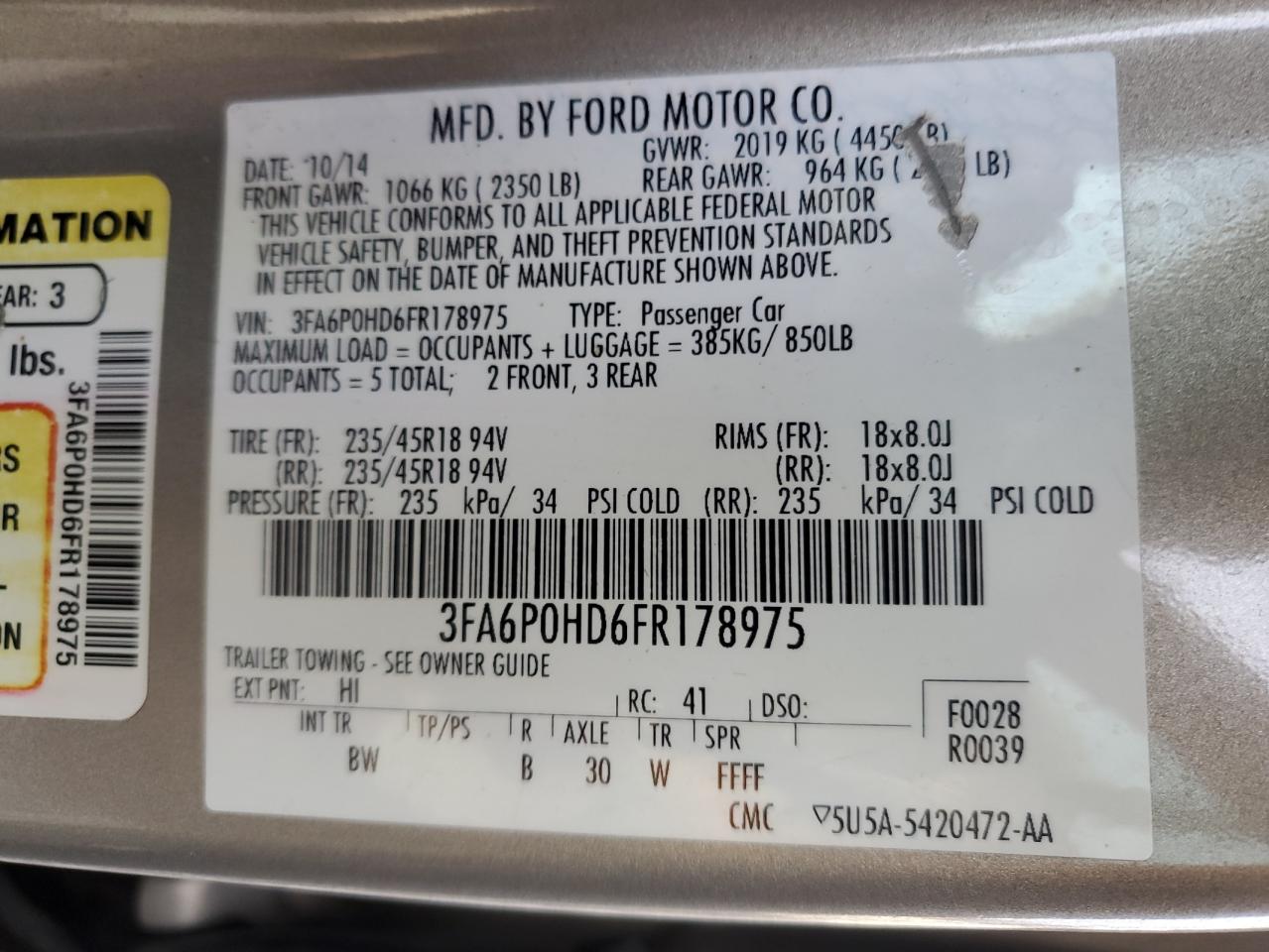 2015 Ford Fusion VIN 3FA6P0HD6FR178975 Copart auction photo, front end / minor dent/scratches damage thumbnail 14