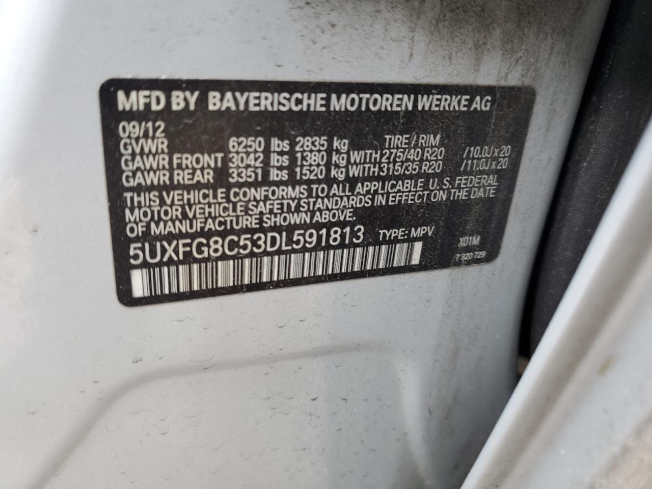 2013 BMW X6 VIN 5UXFG8C53DL591813 Copart auction photo, rollover damage thumbnail 14