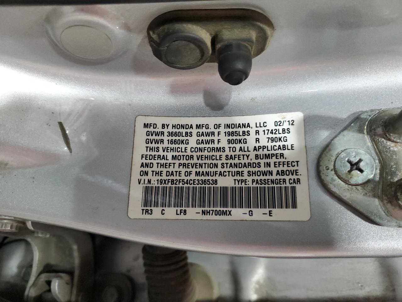 2012 Honda Civic VIN 19XFB2F54CE336538 Copart auction photo, side / front end damage thumbnail 12