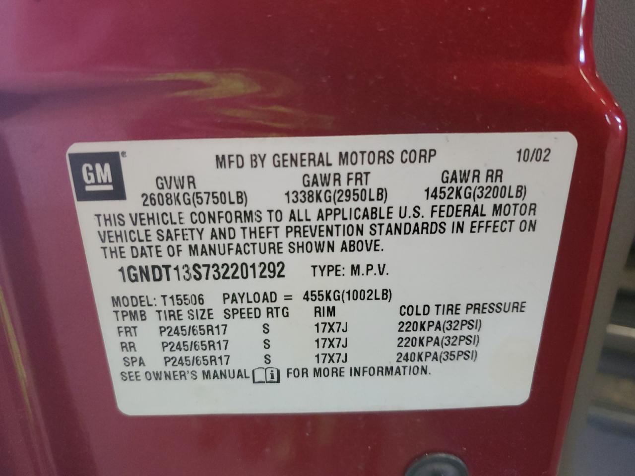 2003 Chevrolet TrailBlazer VIN 1GNDT13S732201292 Copart auction photo, front end / frame damage damage thumbnail 13