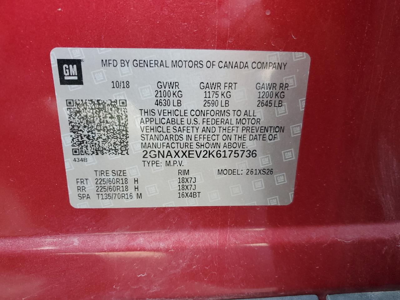 2019 Chevrolet Equinox VIN 2GNAXXEV2K6175736 Copart auction photo, all over damage thumbnail 14