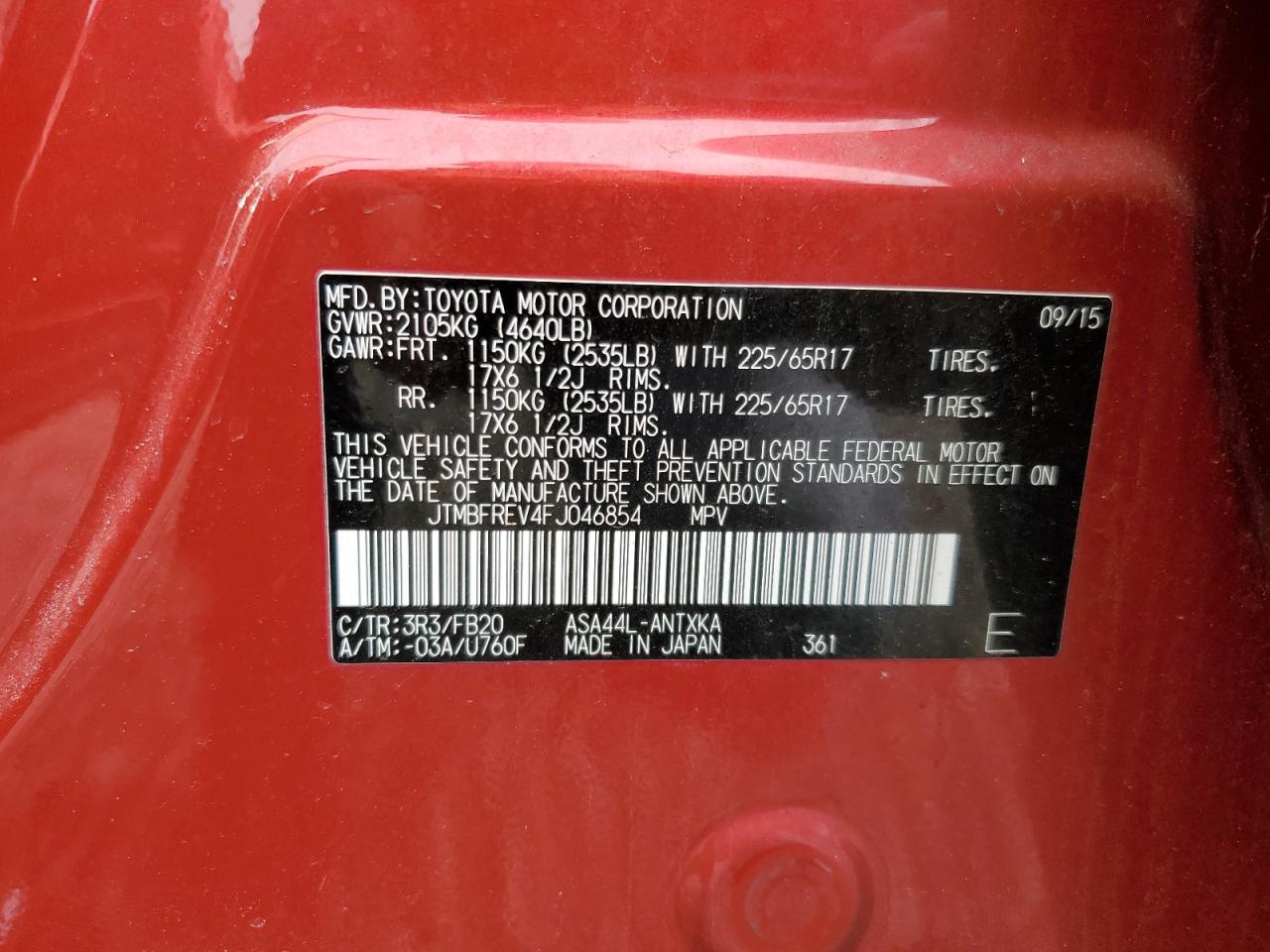 2015 Toyota RAV 4 VIN JTMBFREV4FJ046854 Copart auction photo, front end damage thumbnail 15