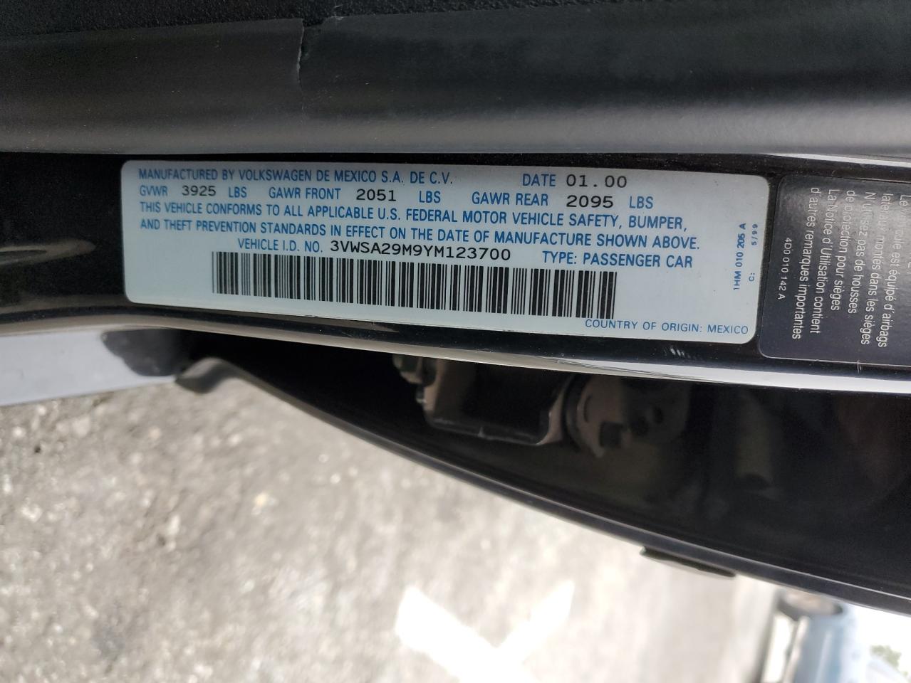 2000 Volkswagen Jetta VIN 3VWSA29M9YM123700 Copart auction photo, minor dent/scratches damage thumbnail 14