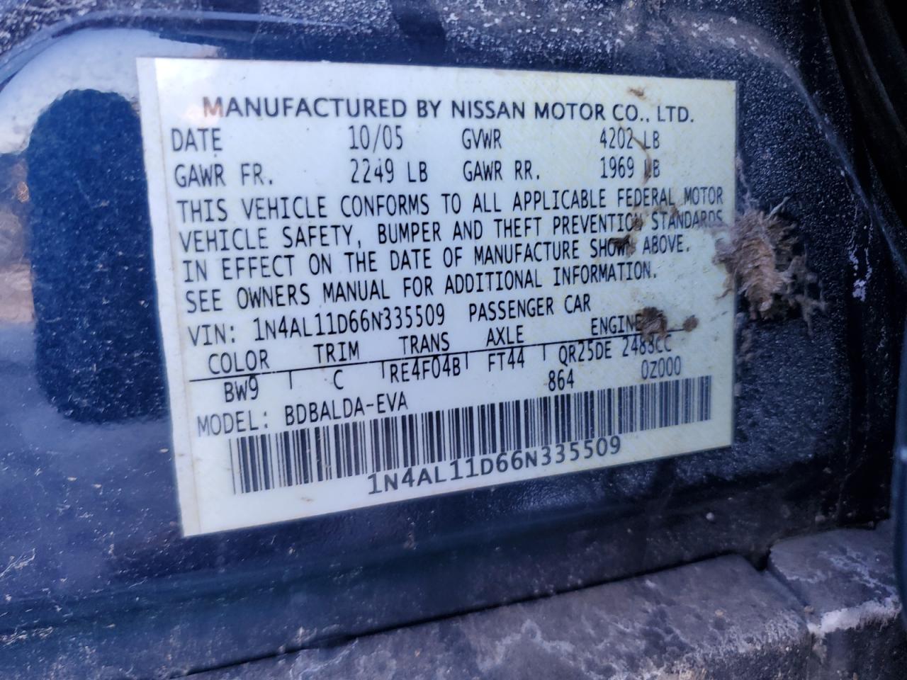 2006 Nissan Altima VIN 1N4AL11D66N335509 Copart auction photo, front end damage thumbnail 14